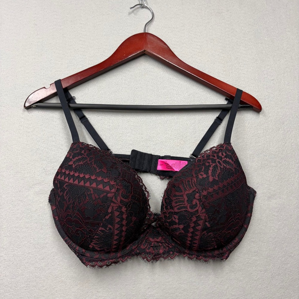 La Senza Bra Women 38DD Black Burgundy Beyond Sexy Ultimate Plunge Lace Push Up